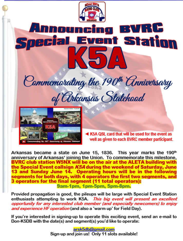 BVRC Special Event Station K5A — Commemorating the 190th Anniversary of Arkansas's Statehood