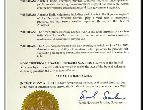 Arkansas Governor’s Proclamation recognizing Amateur Radio Week in June 2026.