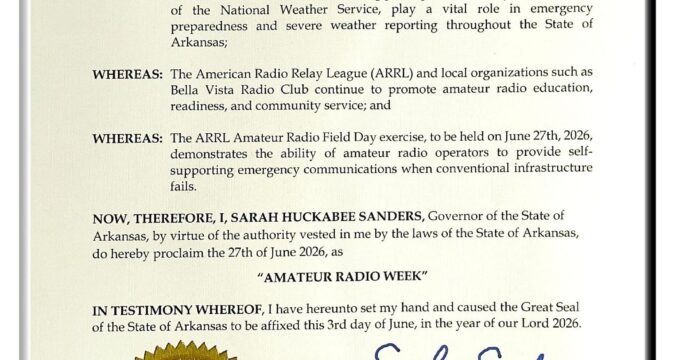 Arkansas Governor’s Proclamation recognizing Amateur Radio Week in June 2026.