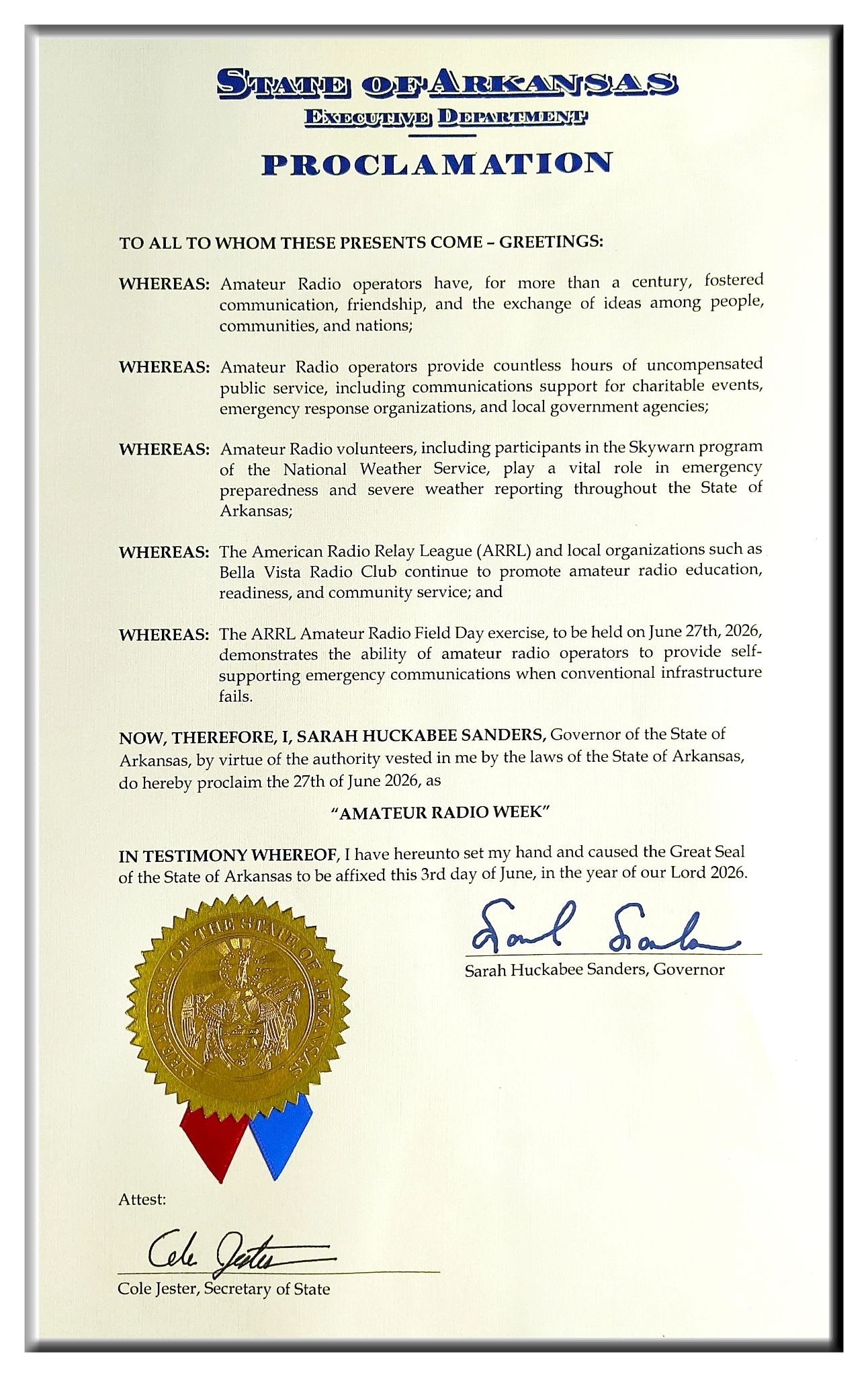 Arkansas Governor’s Proclamation recognizing Amateur Radio Week in June 2026.